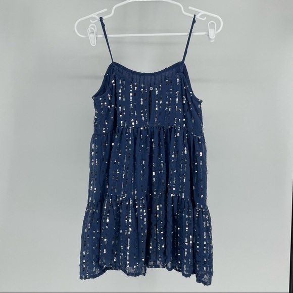 URBAN OUTFITTERS NWT HANNA EMBELLISHED SEQUIN BABYDOLL MINI BLUE SILVER DRESS XS - Picture 3 of 15